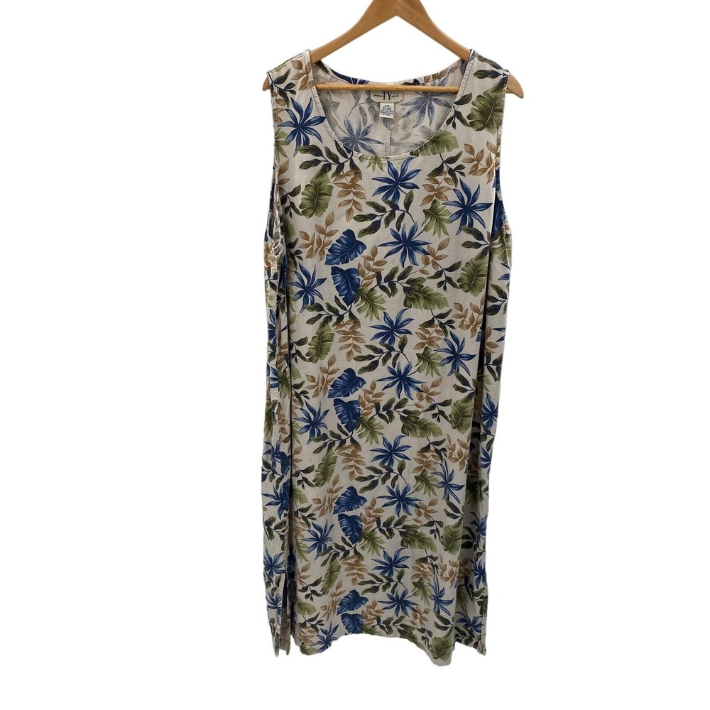 TY Wear Maxi‎ Dress Womens Plus 24W Khaki Palm Leaf Print Linen Rayon Vintage